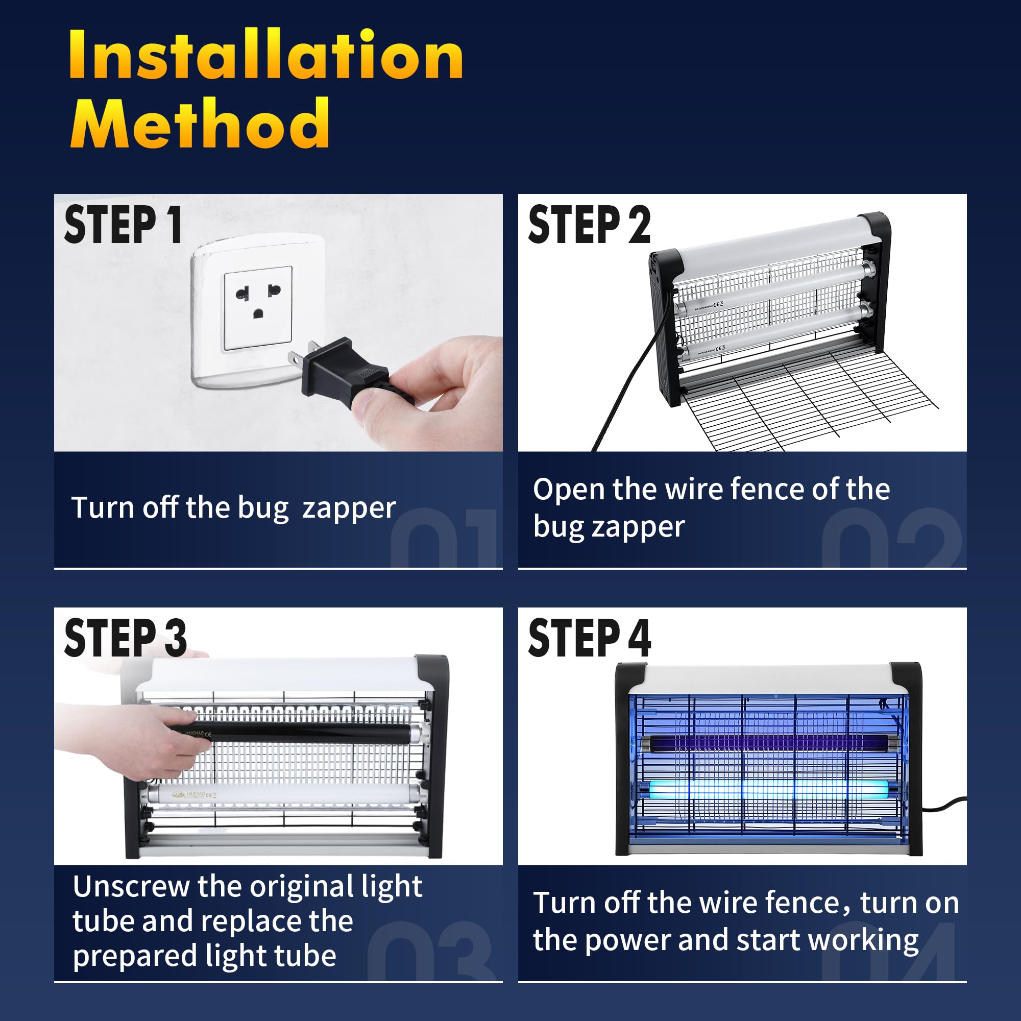 Qualirey easy-install process showing bulb replacement steps.
