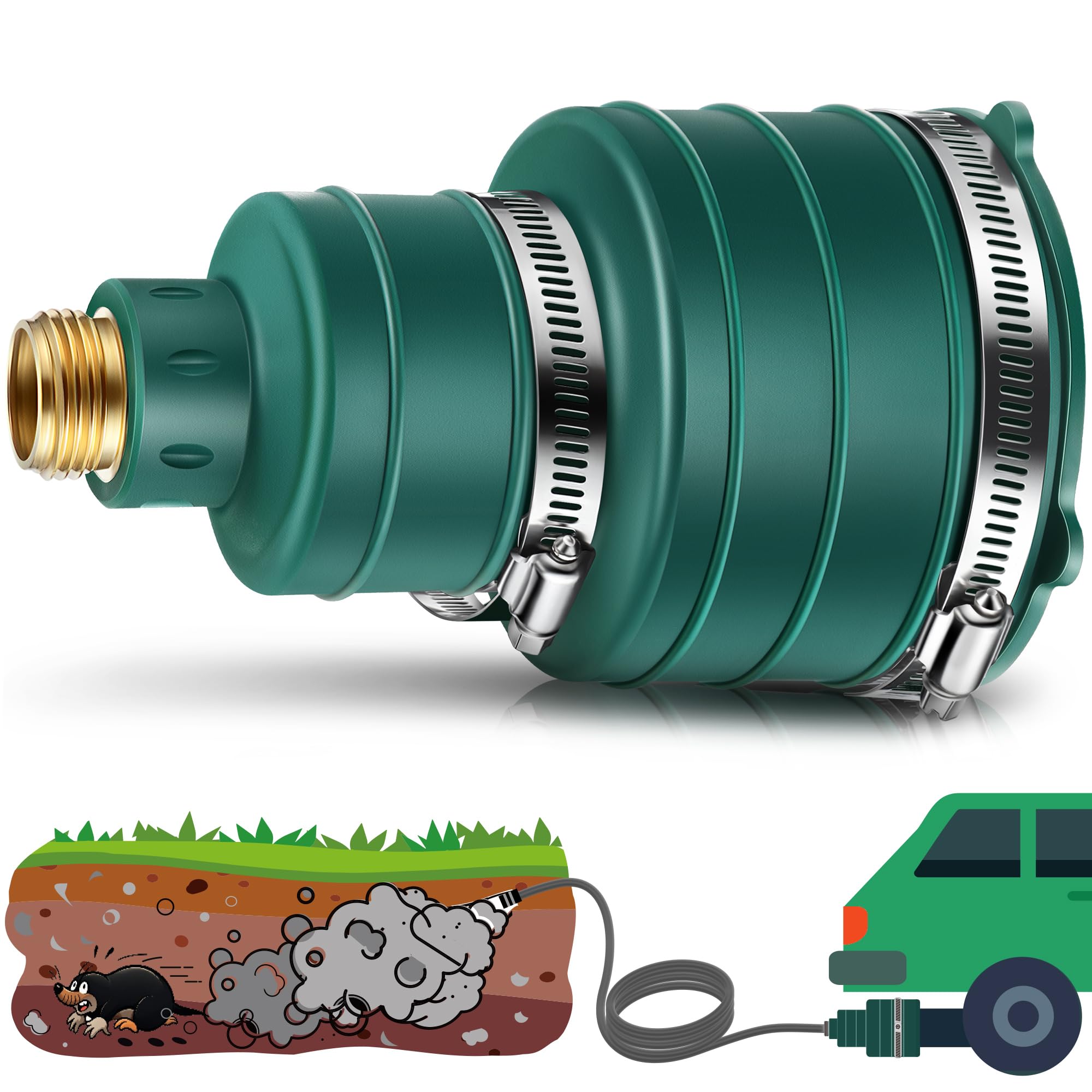 Qualirey exhaust attachment fits 2-24 in pipes for garden rodent control