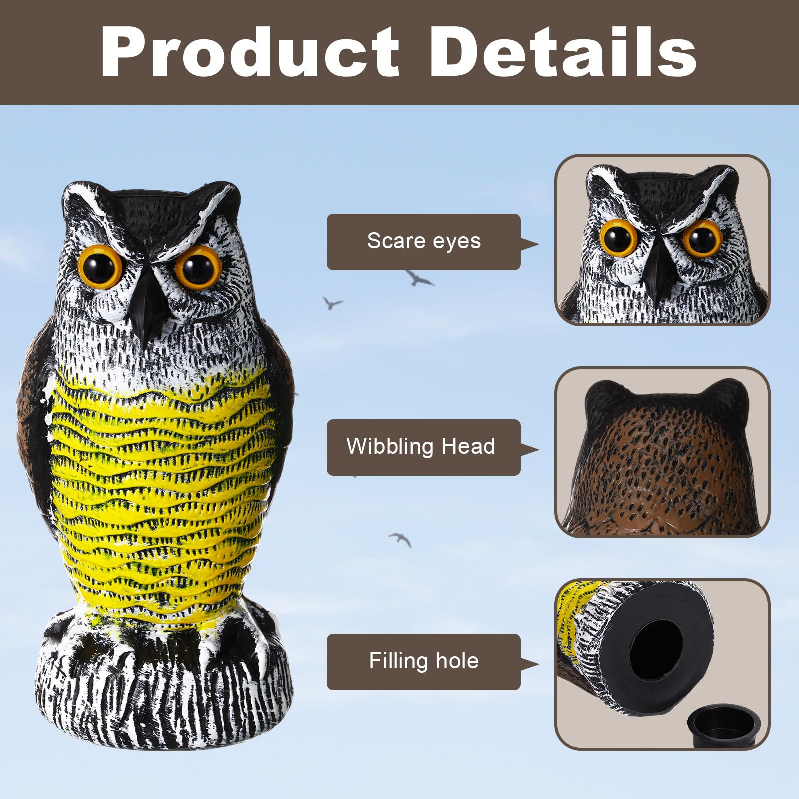 Qualirey fake owl decoy in gray guards yard from pigeons and sparrows