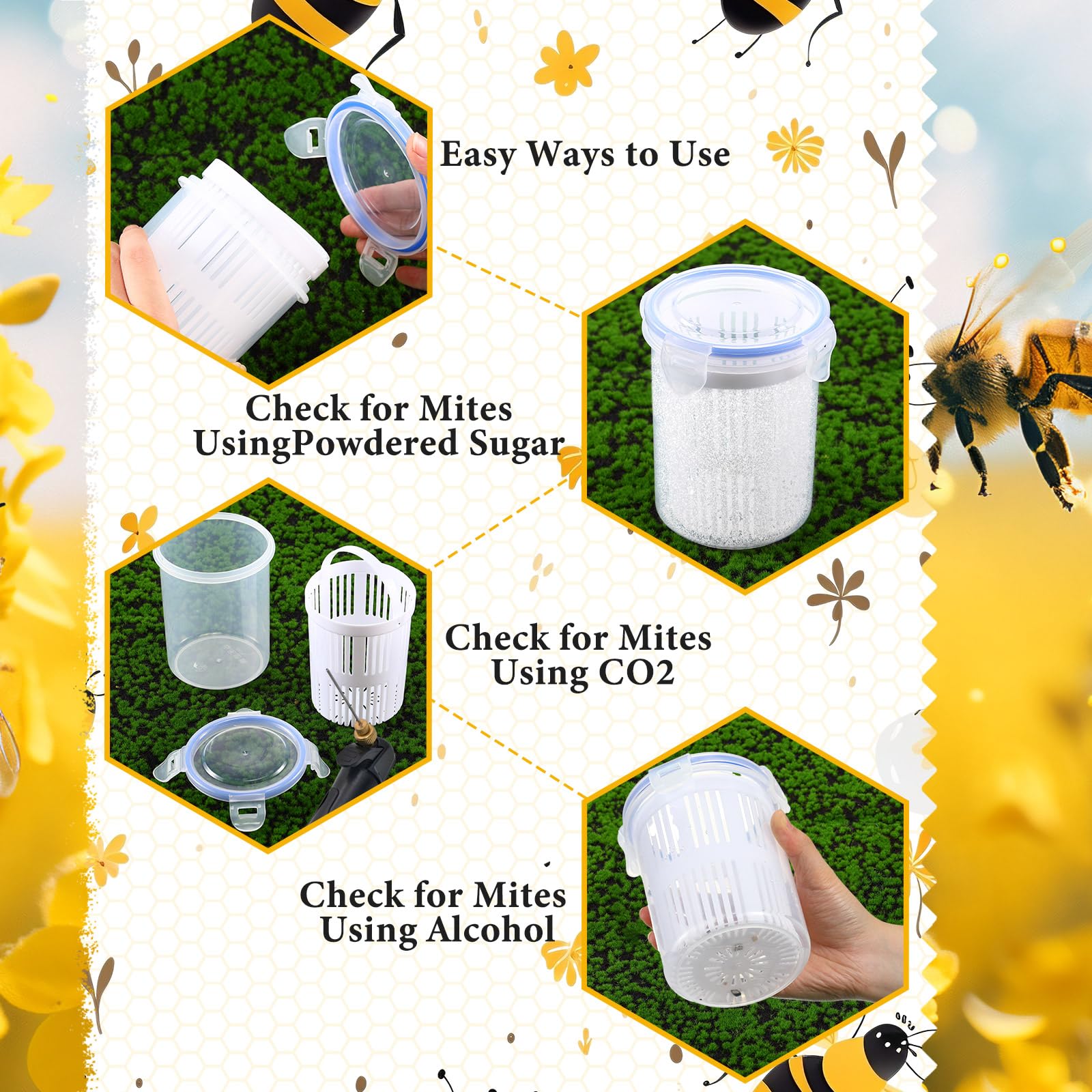 Filter basket design enables quick mite count after shaking.