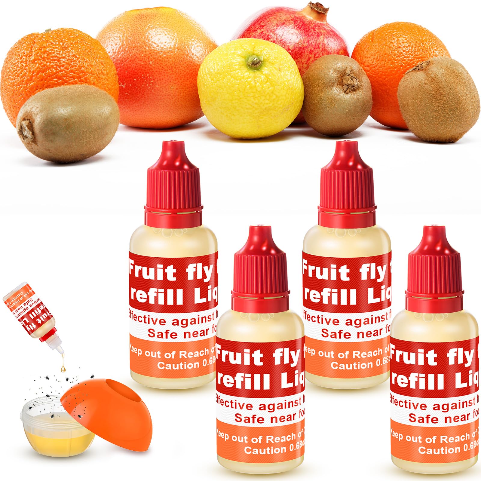 Qualirey fruit fly trap refill bottle front, safe indoor solution for kitchen use.