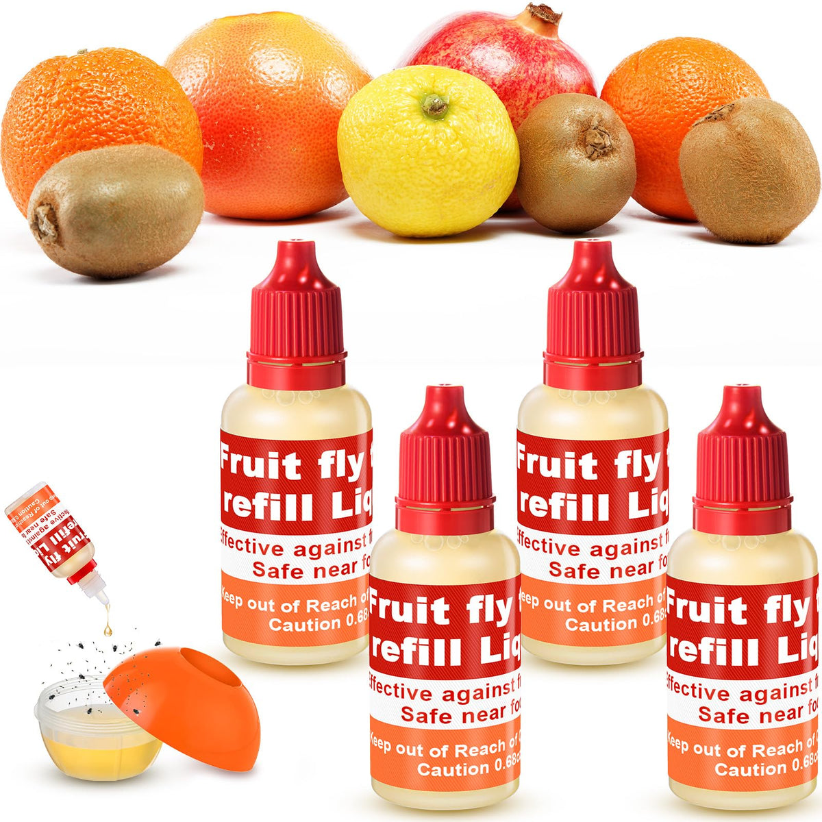 Qualirey fruit fly trap refill bottle front, safe indoor solution for kitchen use.