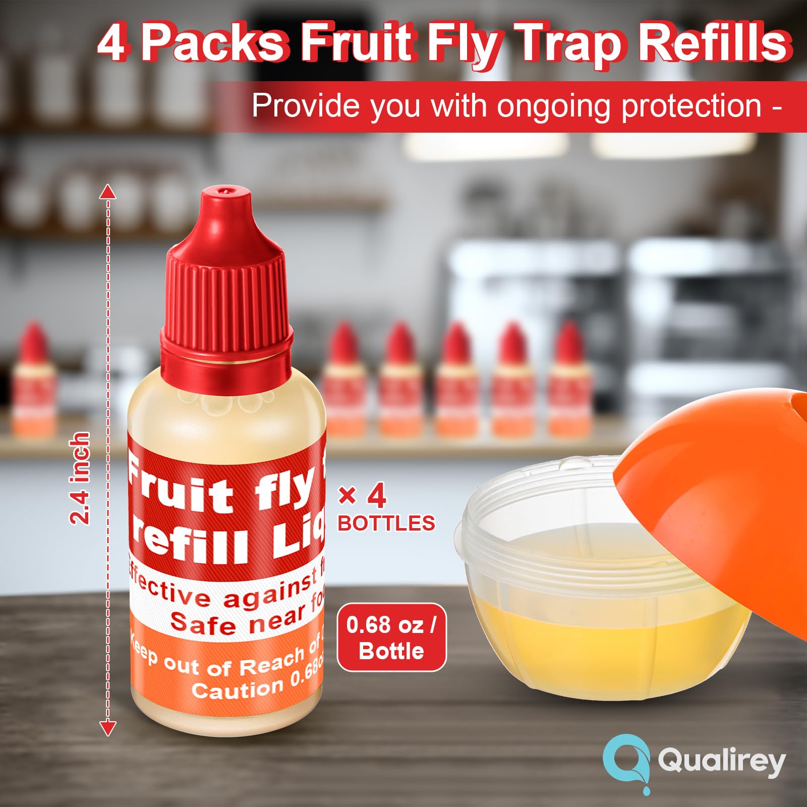 Qualirey fruit fly trap refill bottle pour, easy setup near fruit.