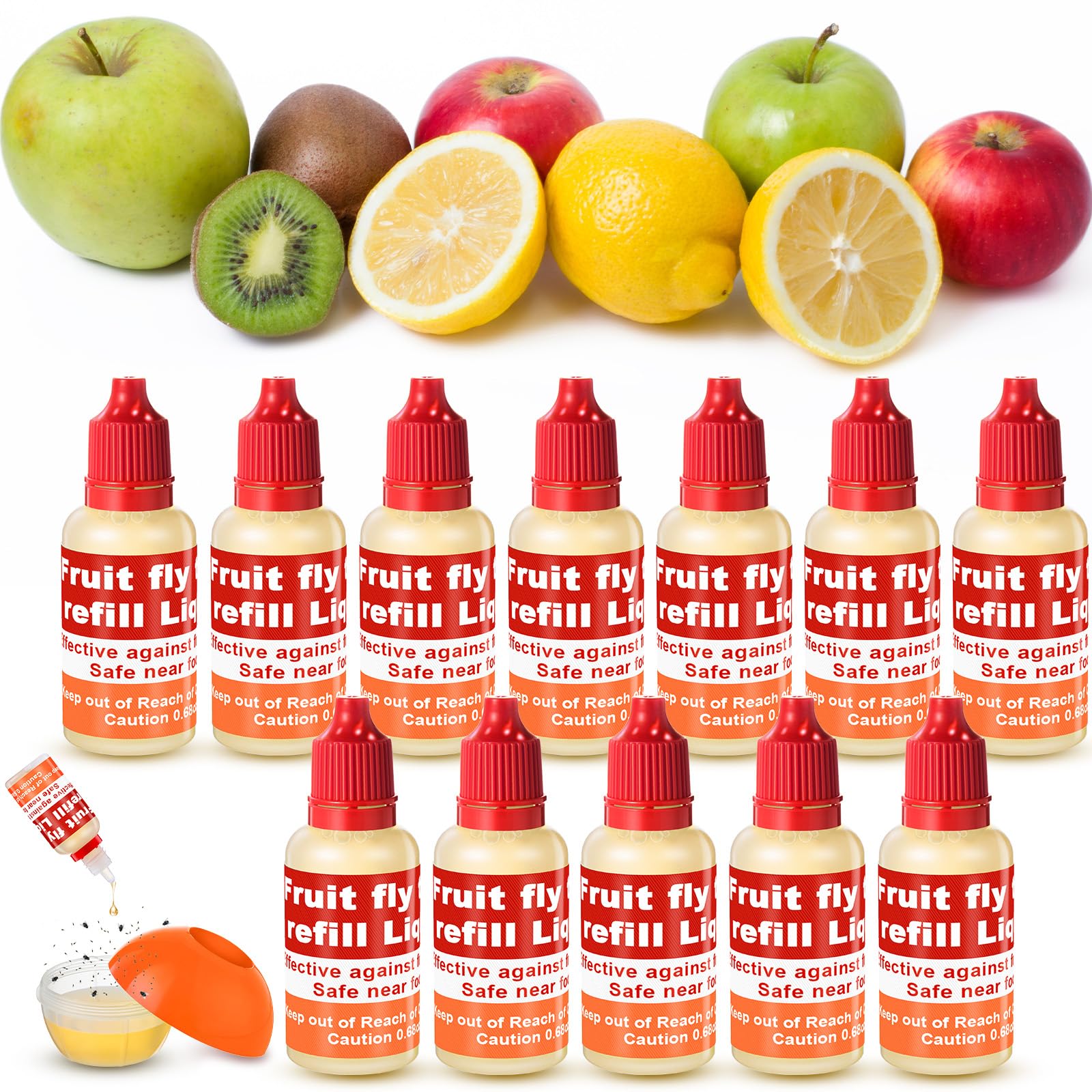 Qualirey fruit fly trap refill liquid twelve-pack bottles for ongoing indoor protection.