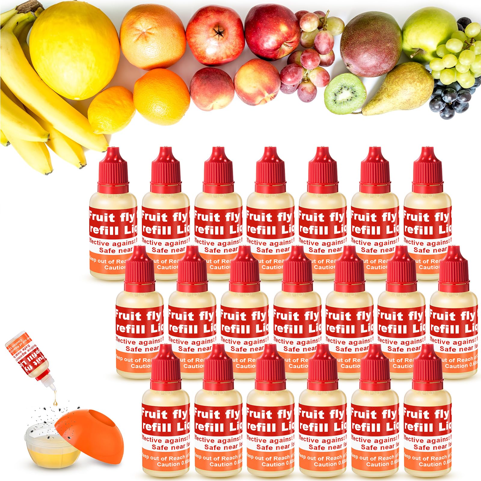Qualirey fruit fly trap refill liquid bottle beside fresh fruit, ideal for attracting indoor fruit flies