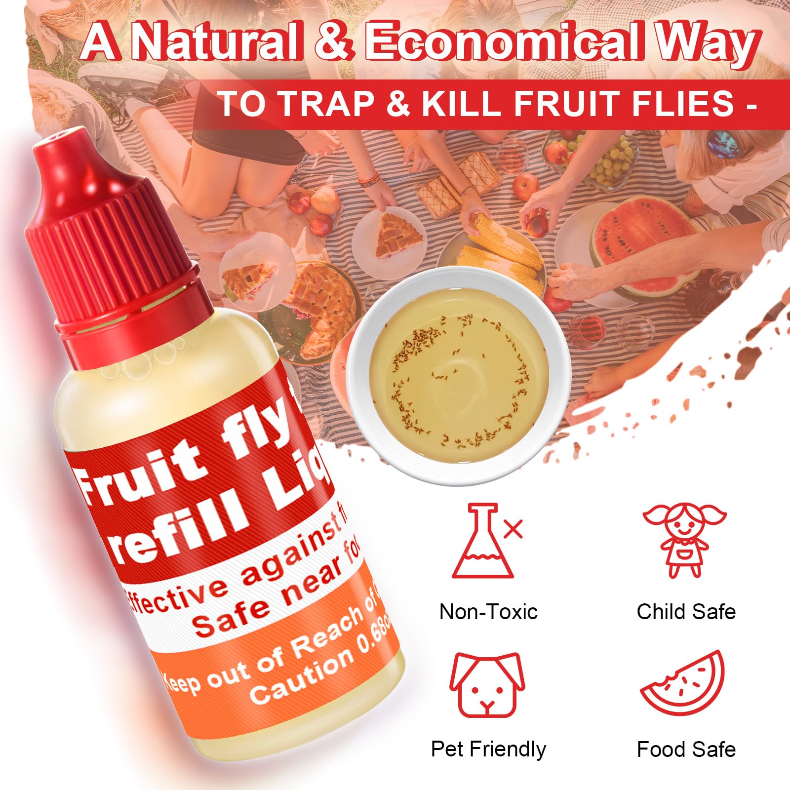 Qualirey fruit fly trap refill liquid bottle on the counter, practical non-chemical solution for produce areas