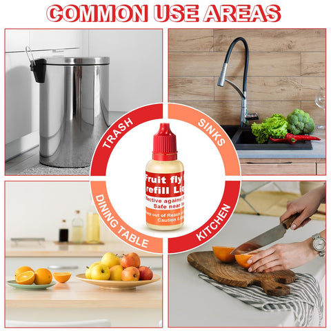 Qualirey refill liquid bottle shown with produce, offering long-lasting indoor fruit-fly control