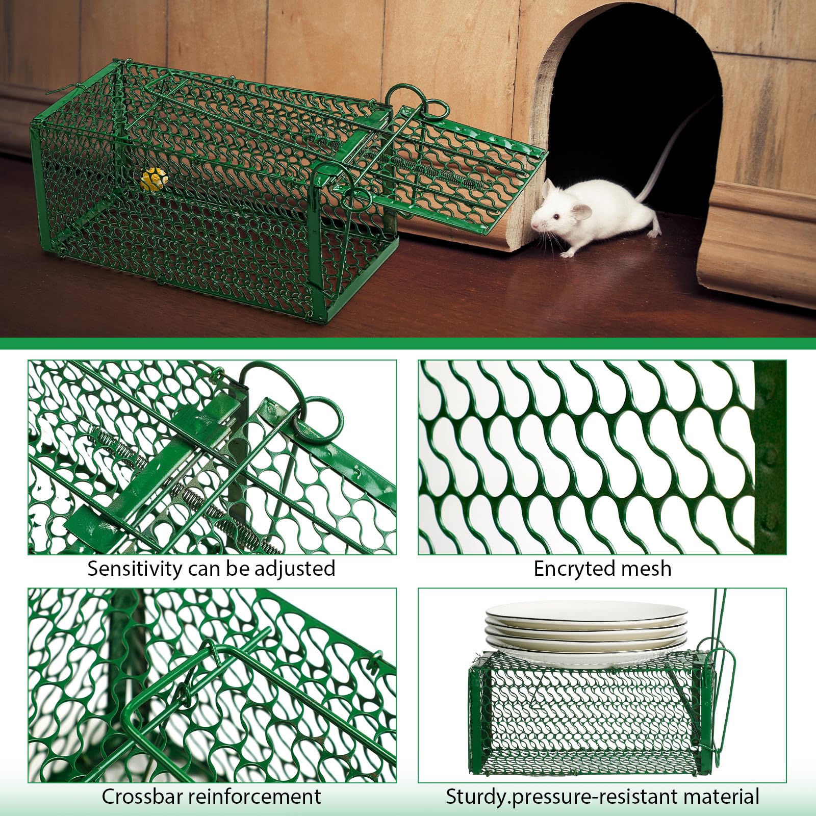 Qualirey live-trap with metal mesh, trigger pedal in action catching a rodent.