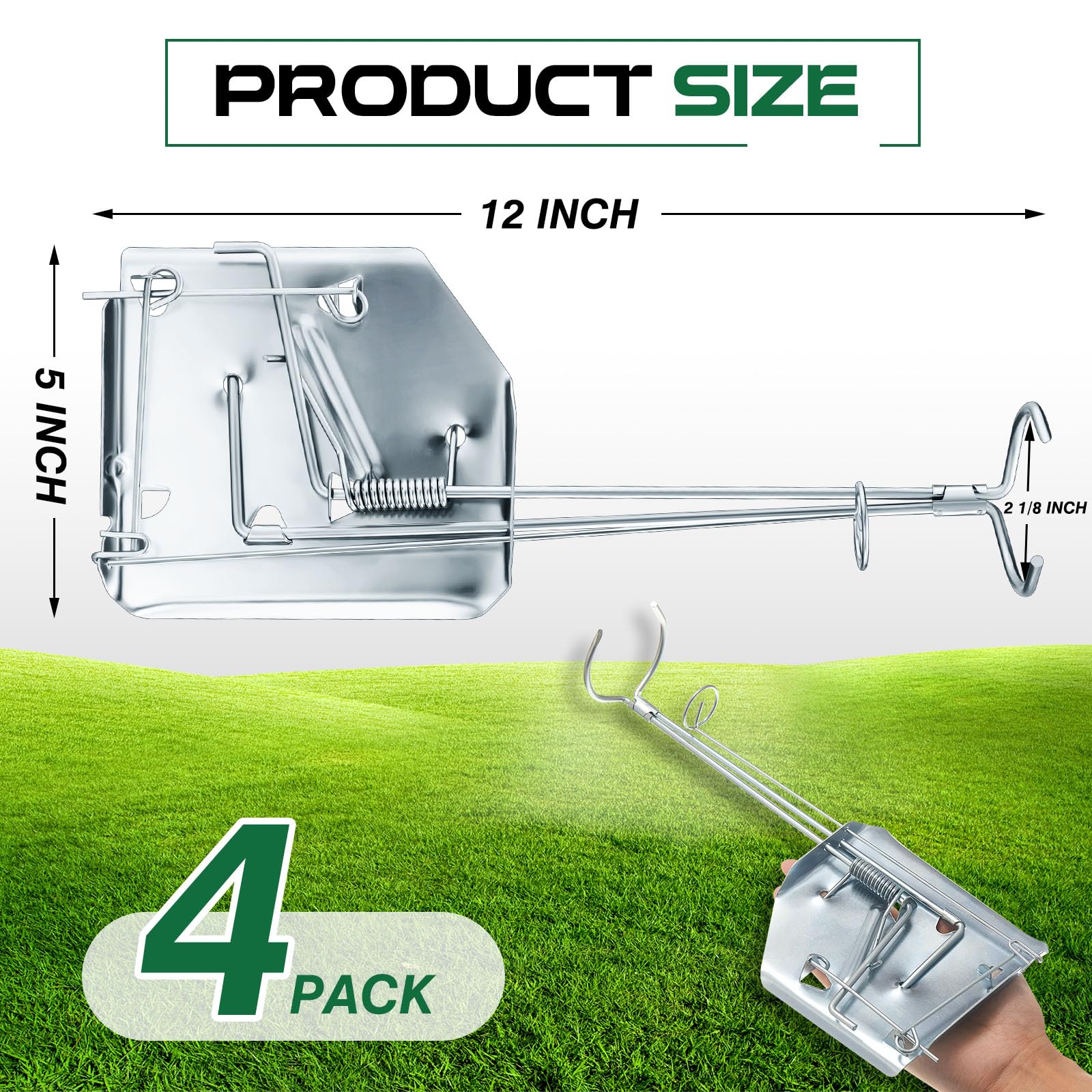 Qualirey mole trap closeup reveals rugged galvanized steel and oil hardened finish.