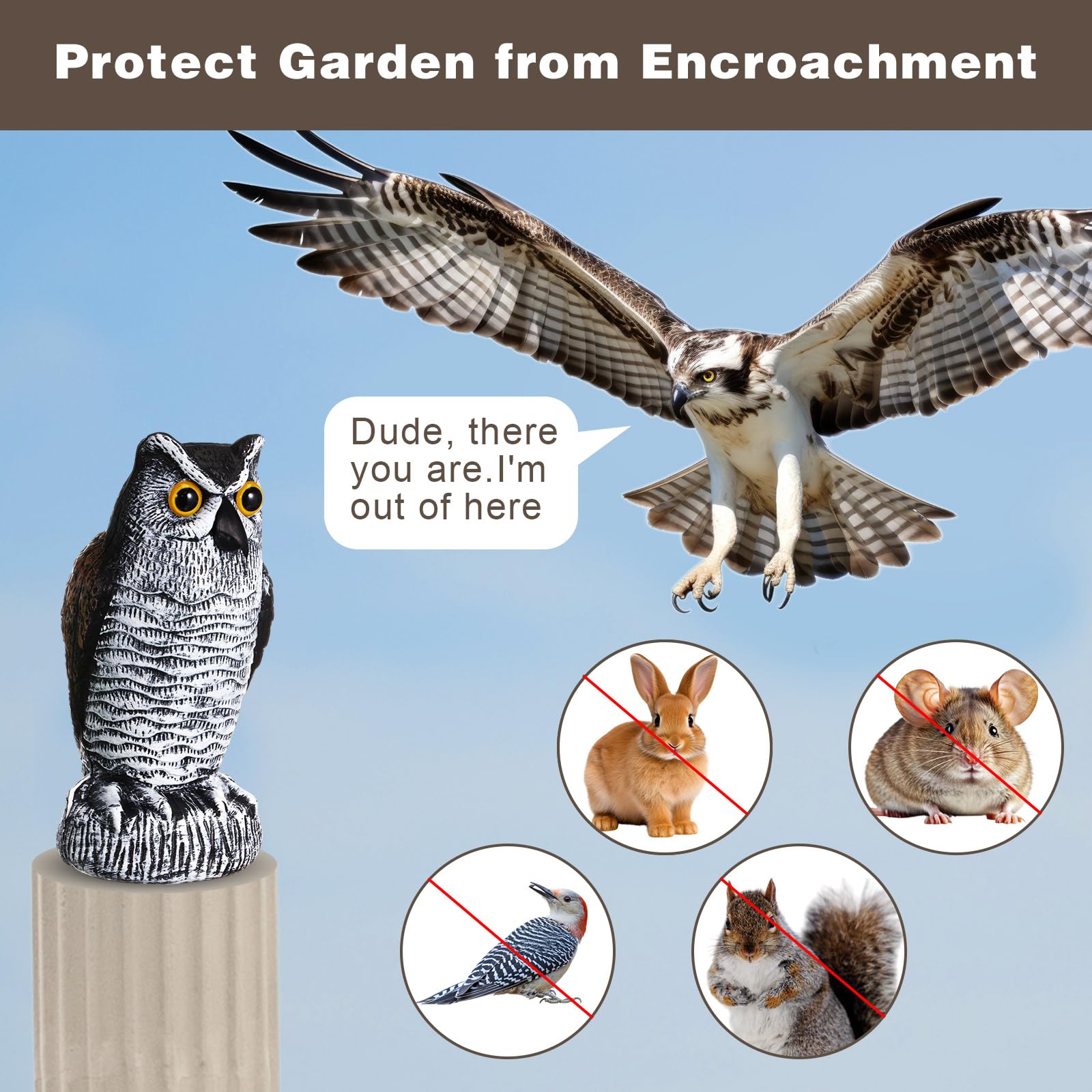 Qualirey owl decoy with anchor base for easy stake installation