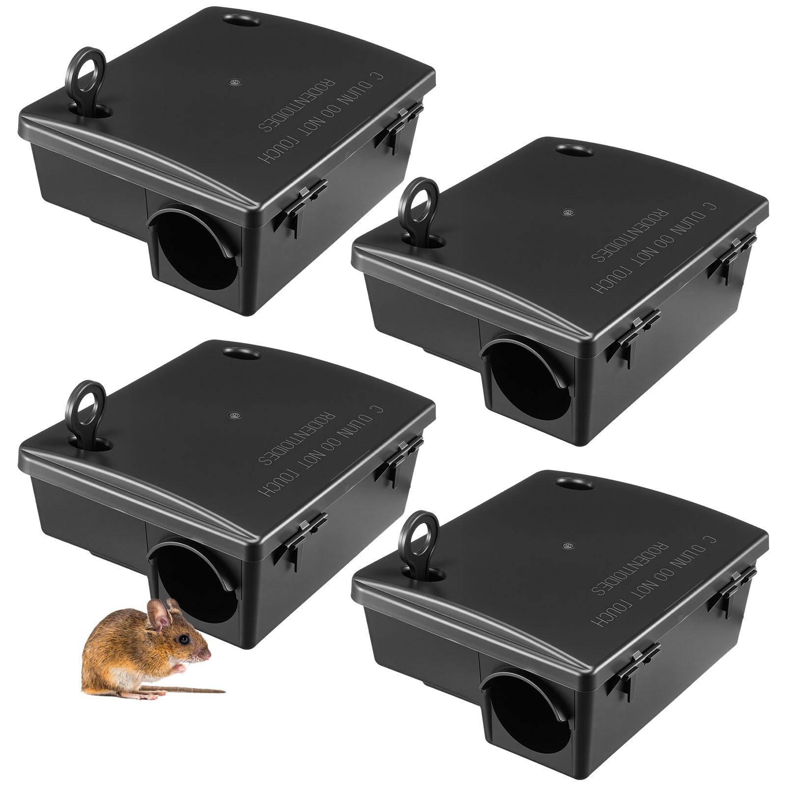 Qualirey rat station with key for outdoor use, durable black plastic.