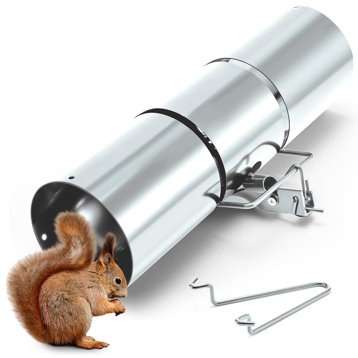Qualirey squirrel trap with silver steel body blends into outdoor corners
