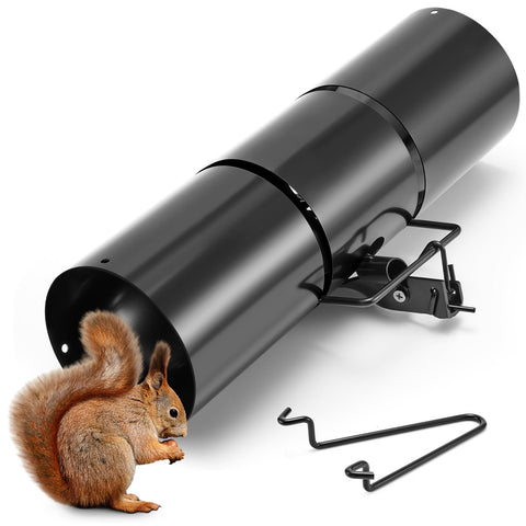 Qualirey tube squirrel trap showing 4.5-inch diameter in outdoor setting for reliable pest control