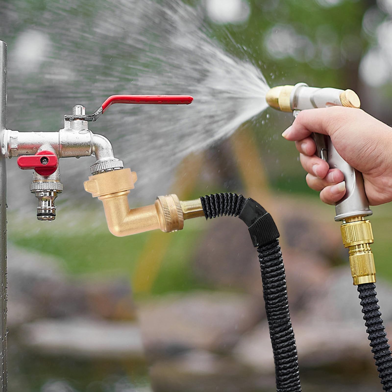 Qualory RV and indoor/outdoor faucet elbow for flexible hose routing.