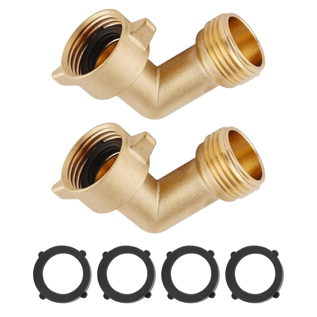 Qualory two-piece 90-degree hose elbow connects brass fittings in tight spaces.