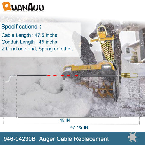 Illustration of 47.5-inch cable length enabling full auger travel in deep snow