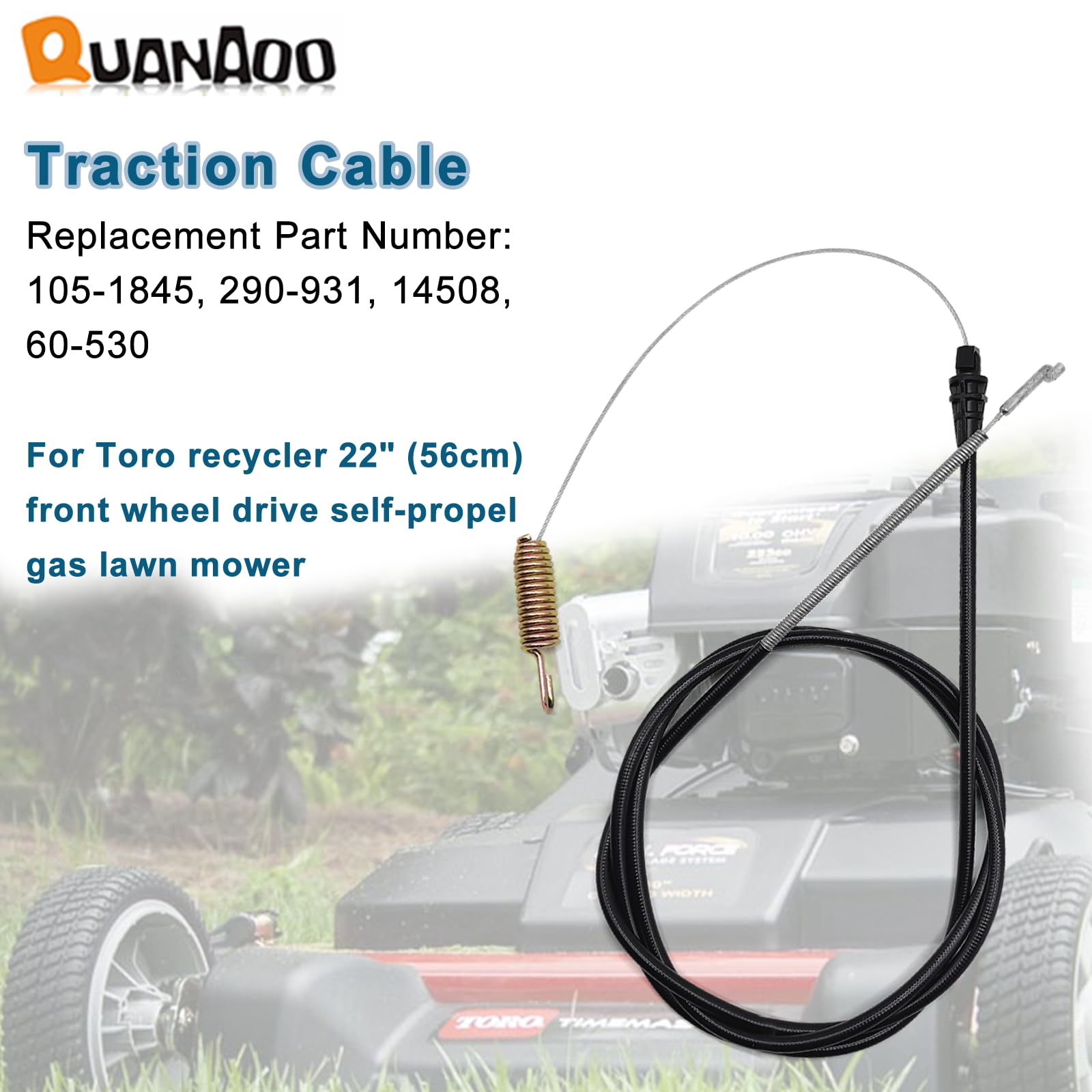 Quanaoo traction cable shows 68.9 inch length and conduit length for a precise fit