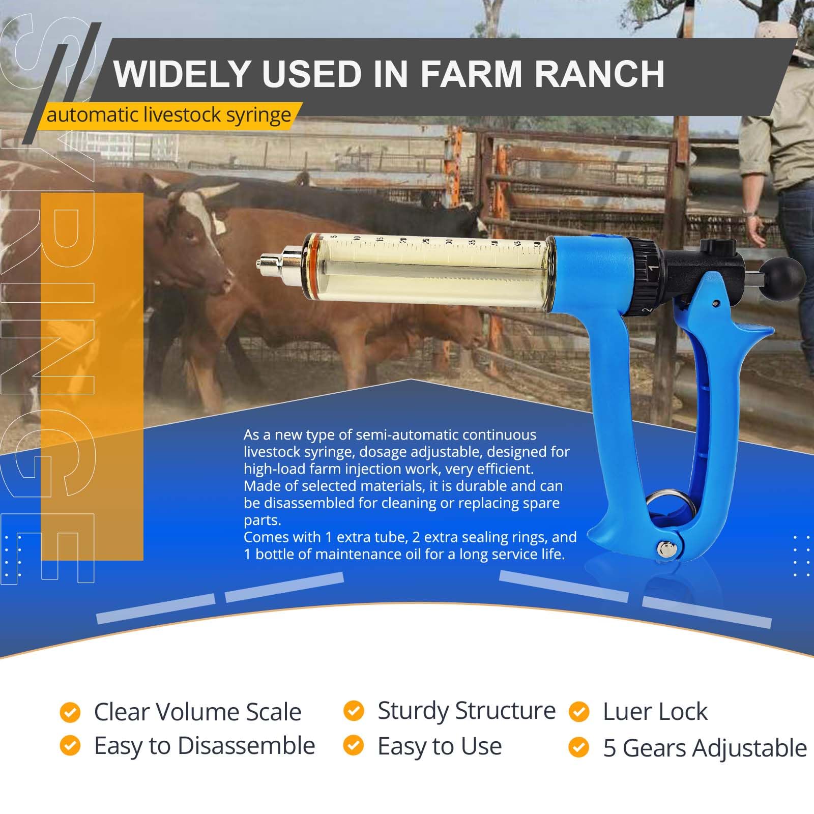 QUANSUPPLY veterinary syringe suitable for cattle, sheep, pigs, and horses.