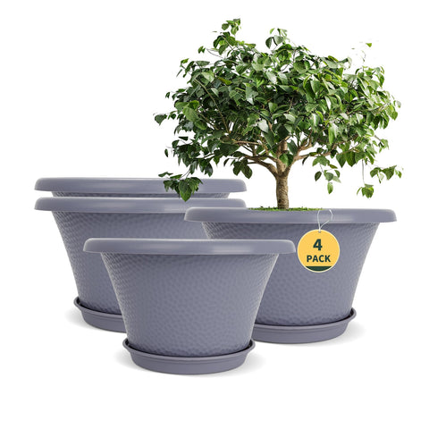 Quarut 12 inch planter with diamond pattern in grey for indoor and outdoor display.