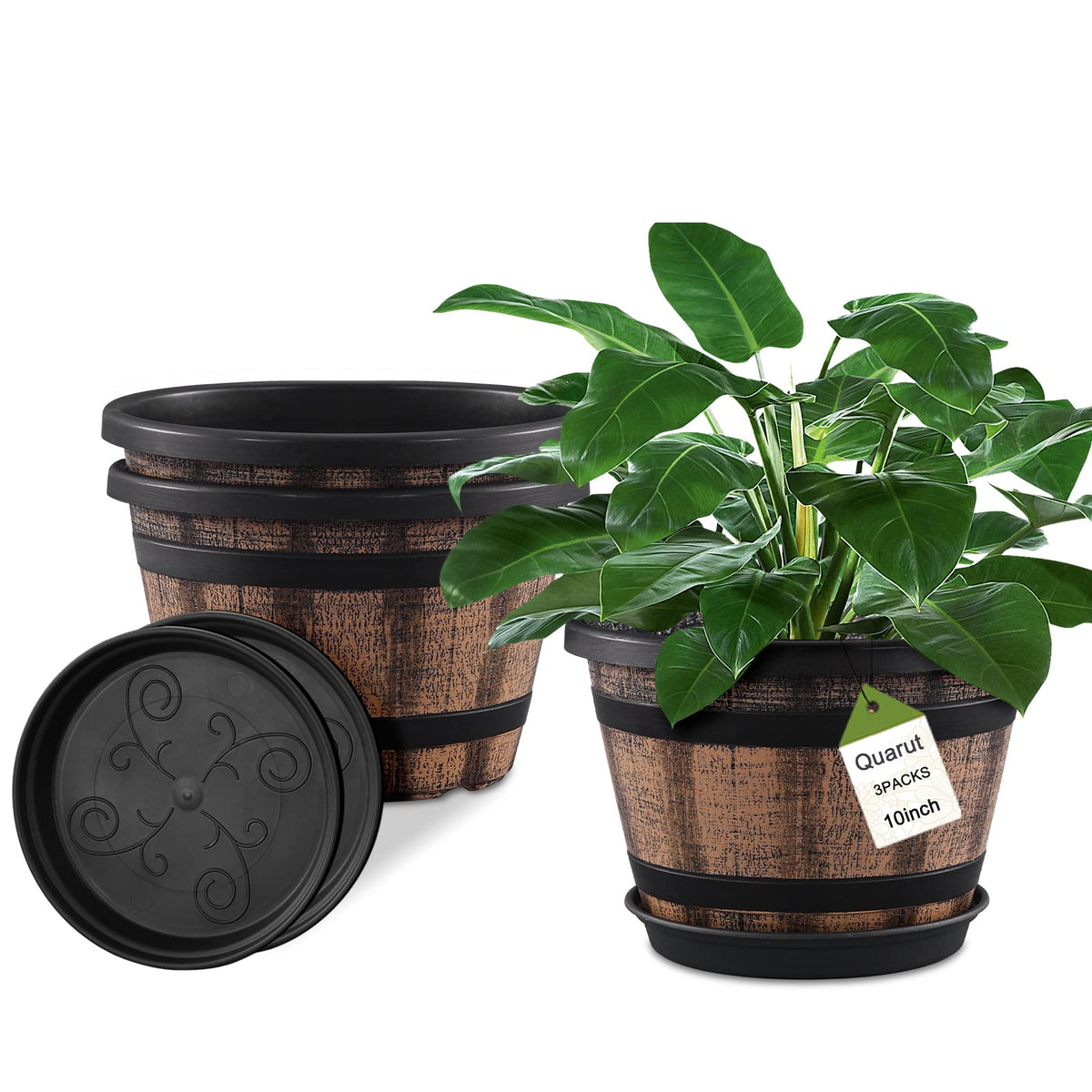 Quarut 3-pack 10-inch pot brown barrel front view showing rustic appeal for outdoor spaces.