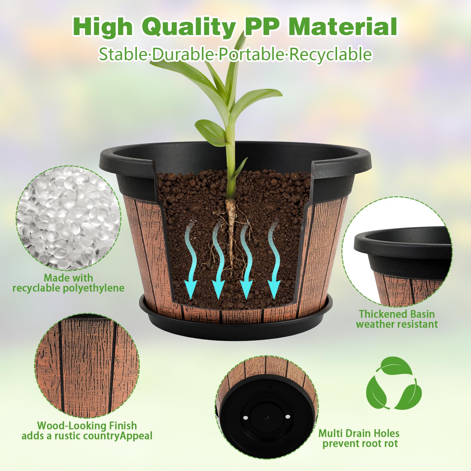 Quarut drainage holes with saucer prevent overwatering and manage runoff.