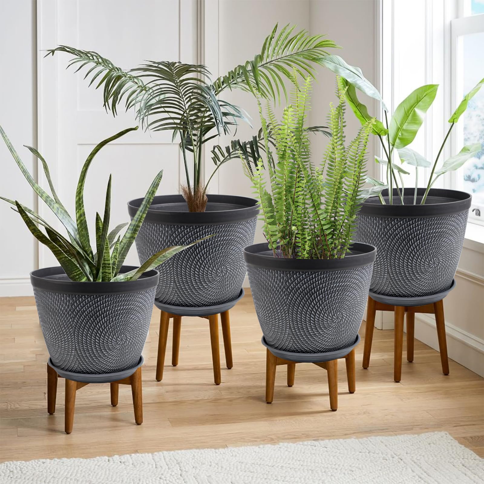 Quarut four-pack 12-inch pot with drainage holes keeps excess water away from roots.