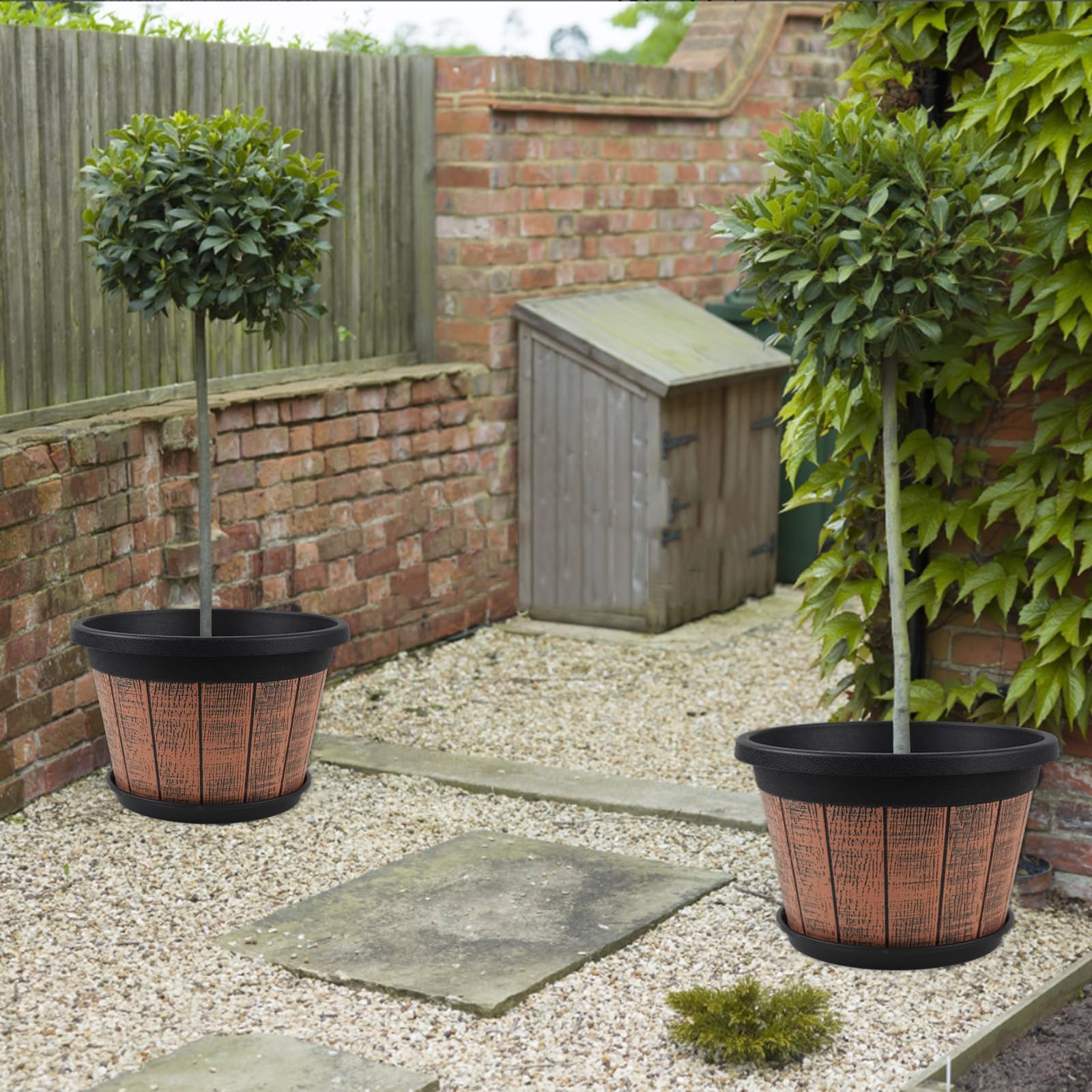 Quarut brown whiskey barrel planter boosts garden charm on porch