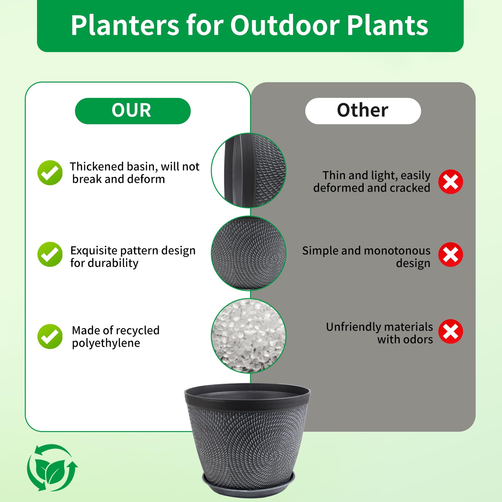 Quarut outdoor-indoor pot with weather-resistant plastic withstands sun and cold.