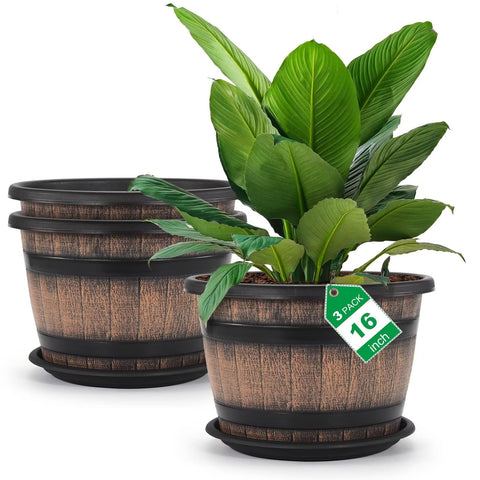 Quarut whiskey barrel plant pot with 16-inch top diameter for spacious planting.