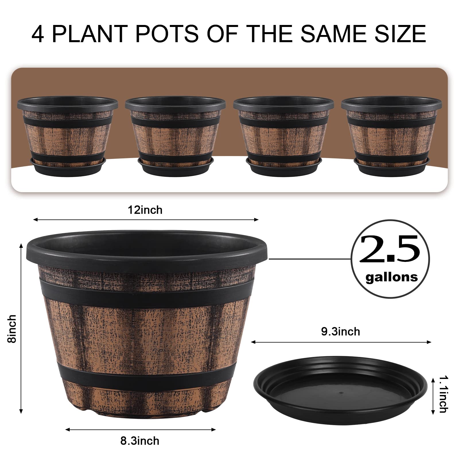 Quarut whiskey barrel planter side view shows durable weather-ready design.