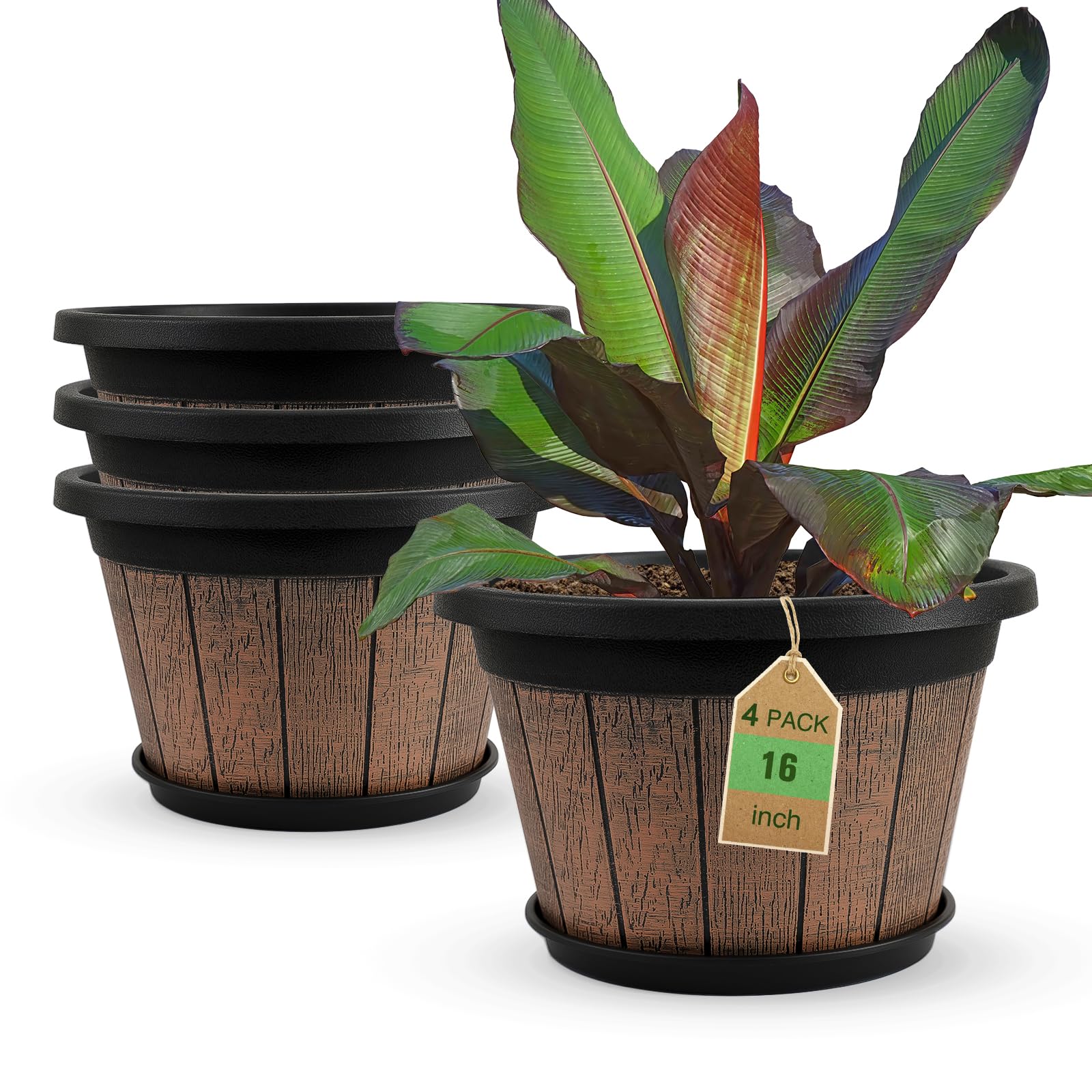 Quarut whiskey barrel planter 16-inch brown with drainage holes for healthy outdoor planting