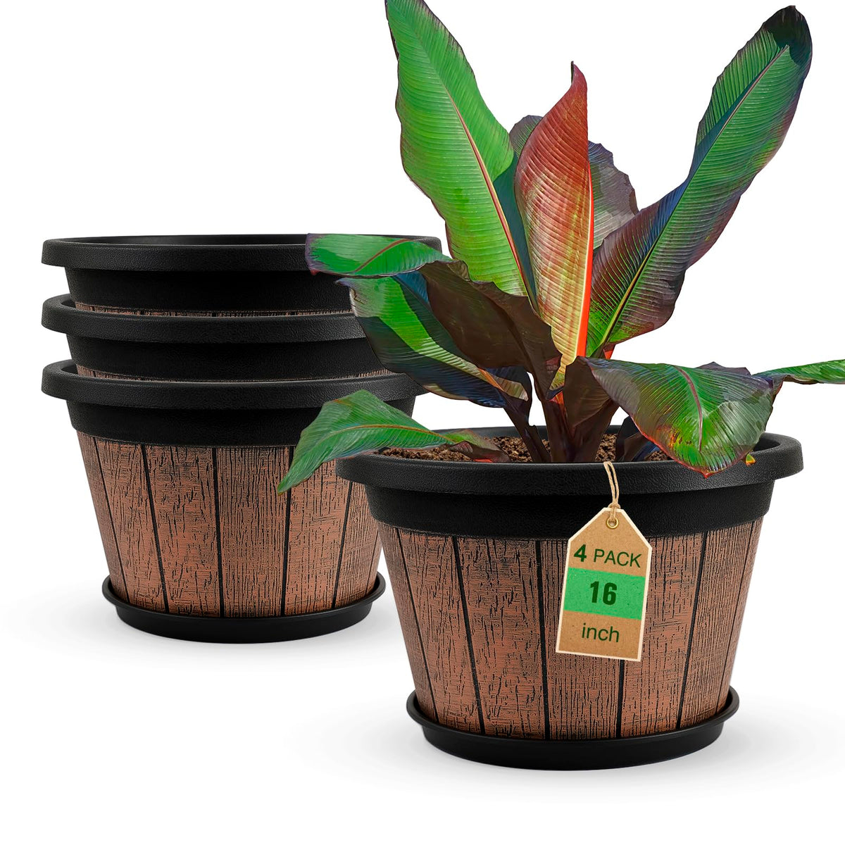 Quarut whiskey barrel planter 16-inch brown with drainage holes for healthy outdoor planting