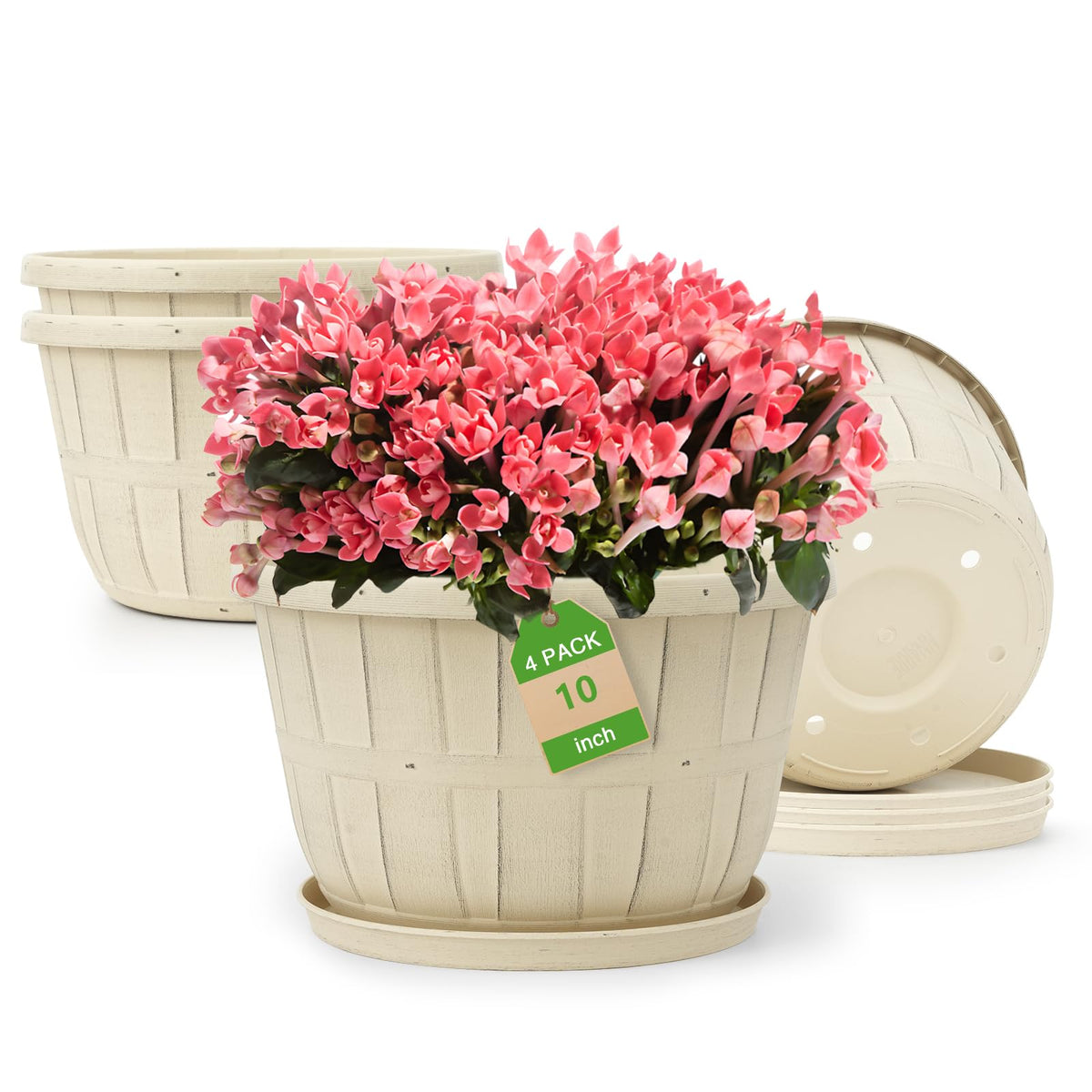 Quarut wine-barrel 10-inch white planter with a stylish indoor display and drainage holes.