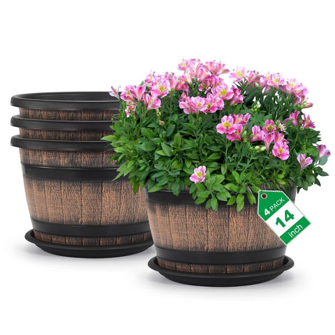 Quarut wine-barrel planter 14-inch showcases rustic design for indoor and outdoor use.