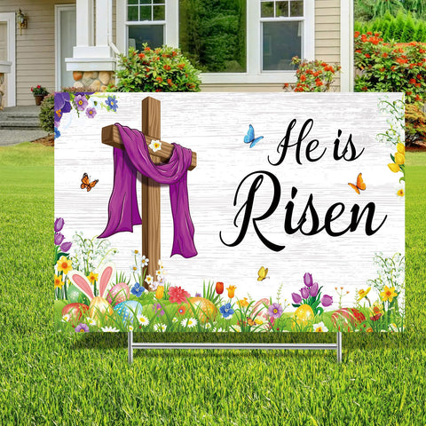 Queekay Easter yard sign with bunny and tulips creates festive garden appeal.