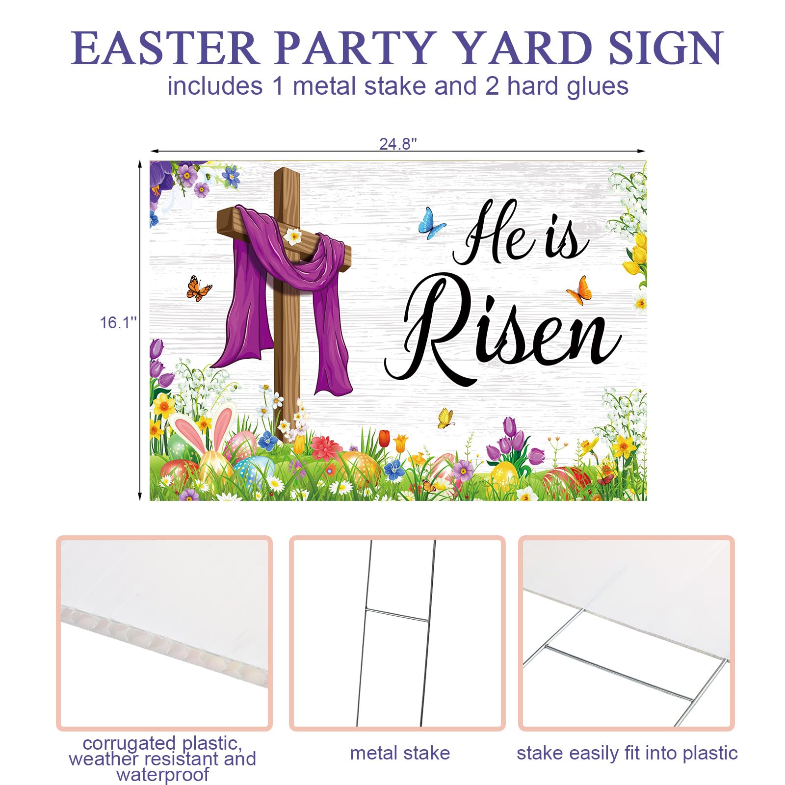 Queekay cross motif yard sign highlights Easter celebration in the yard.