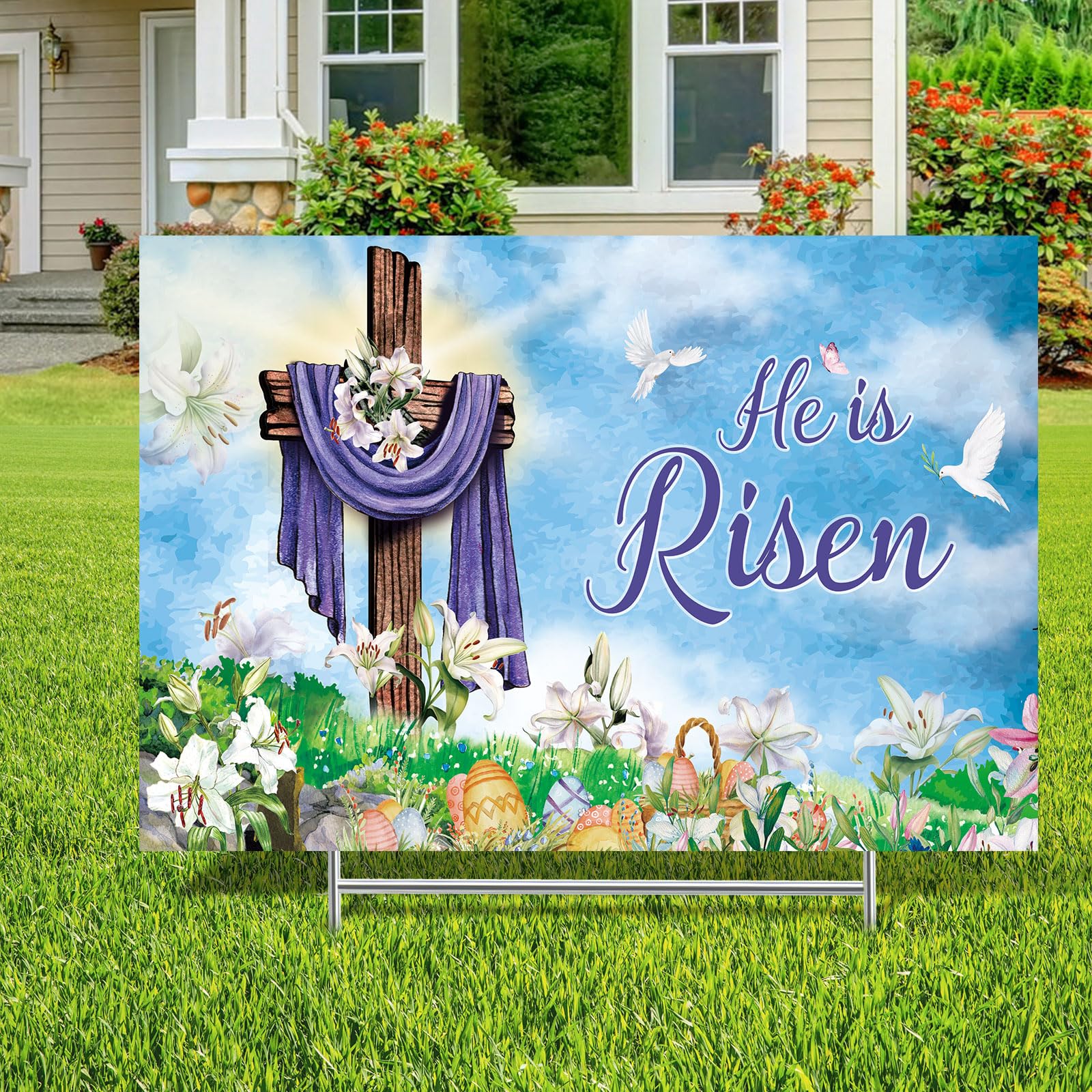 Queekay Easter yard sign with He is Risen for outdoor display