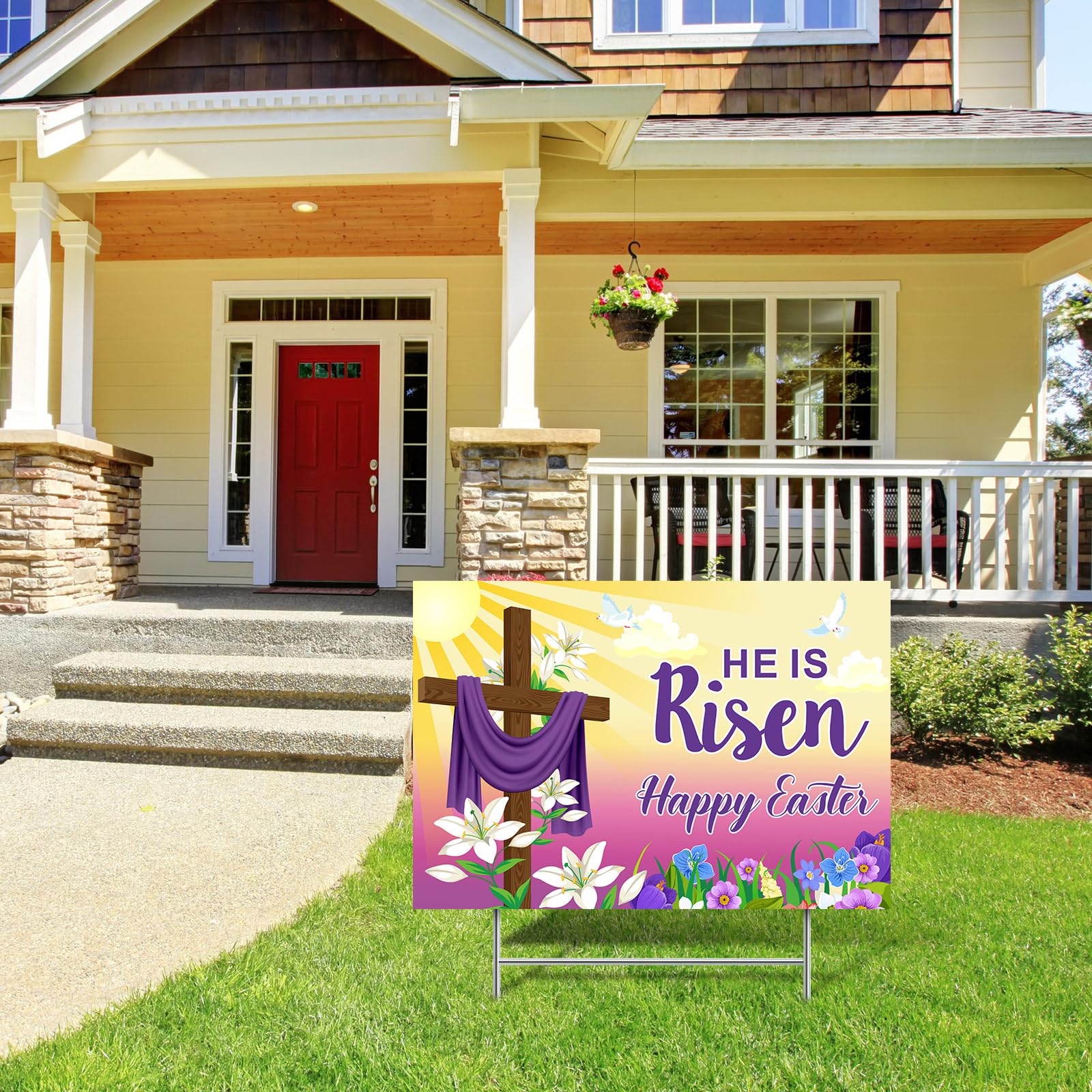 Queekay He Is Risen and Happy Easter text enhances seasonal ambiance.