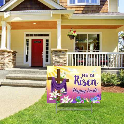 Queekay He Is Risen and Happy Easter text enhances seasonal ambiance.