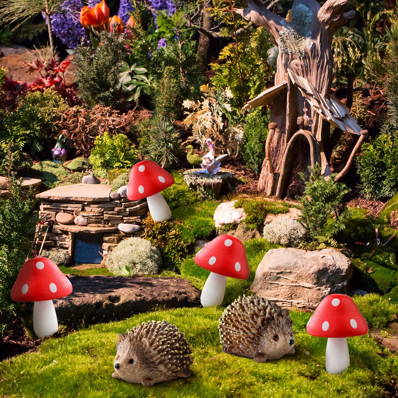 Queekay wood mushroom red 4 pairs with hedgehogs in garden scenes
