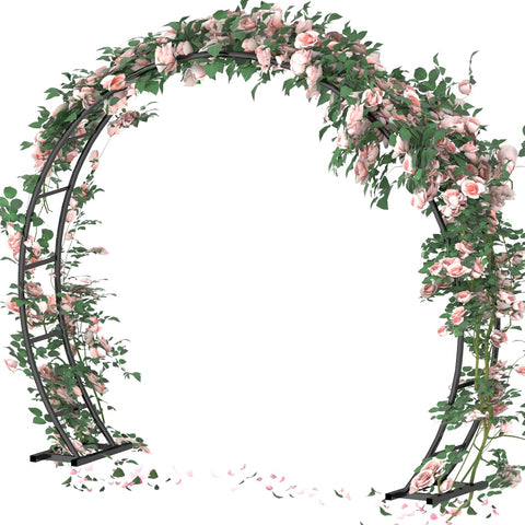 Queension metal wedding arch with an 8x7ft black round frame for elegant ceremonies.