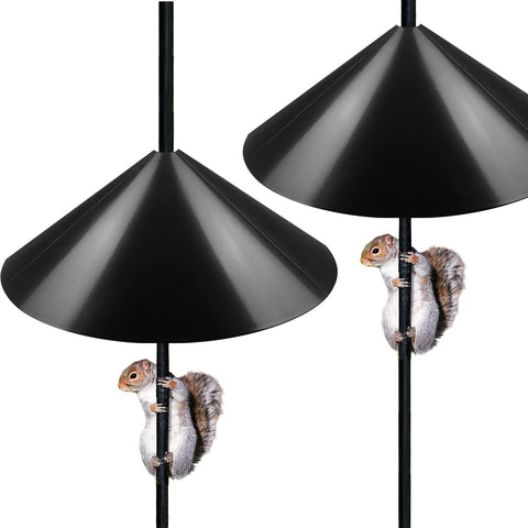 Queension squirrel baffle with 19-inch diameter blocks access to feeders.