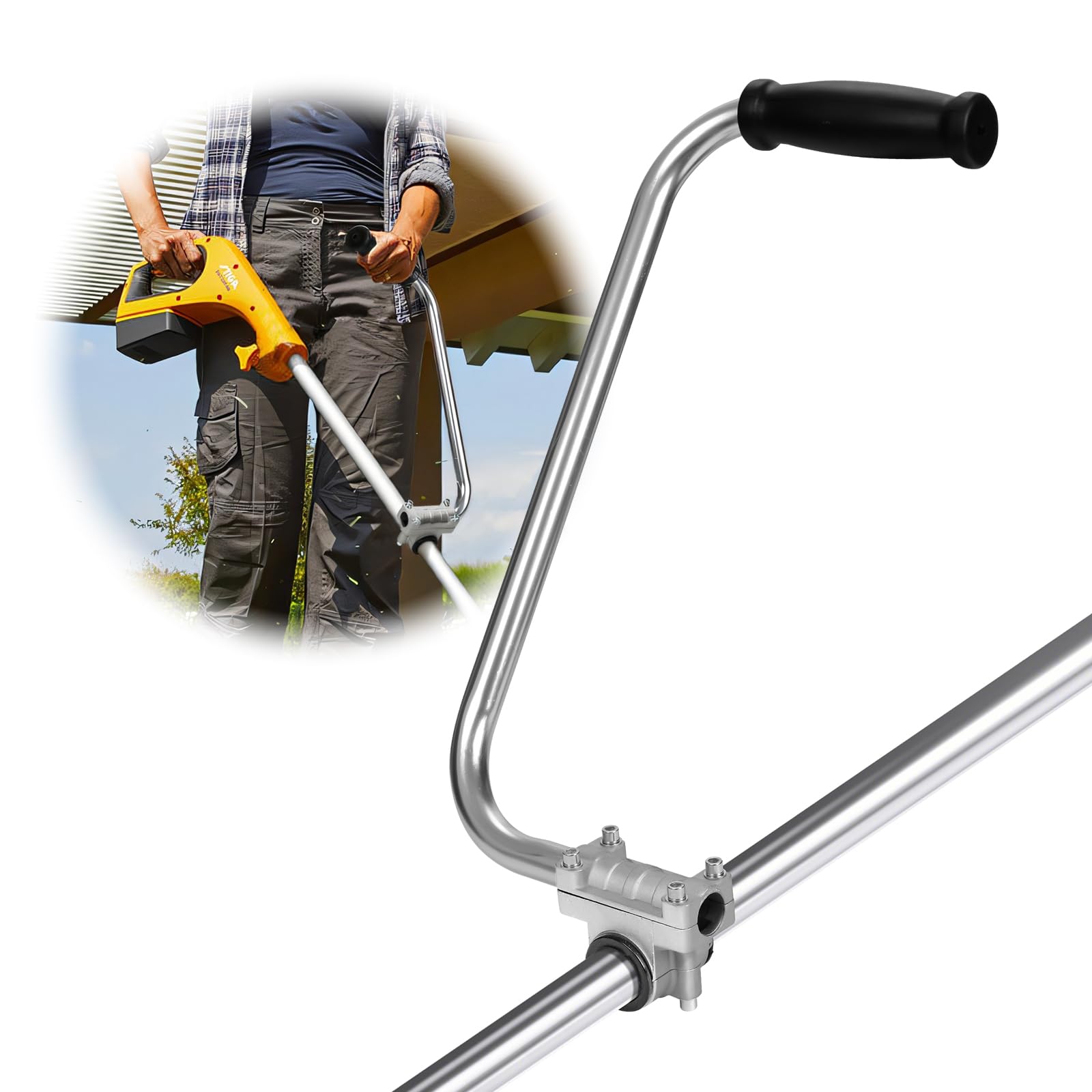 QUFA ergonomic weedeater handle extension front view for easier maneuvering and upright trimming.