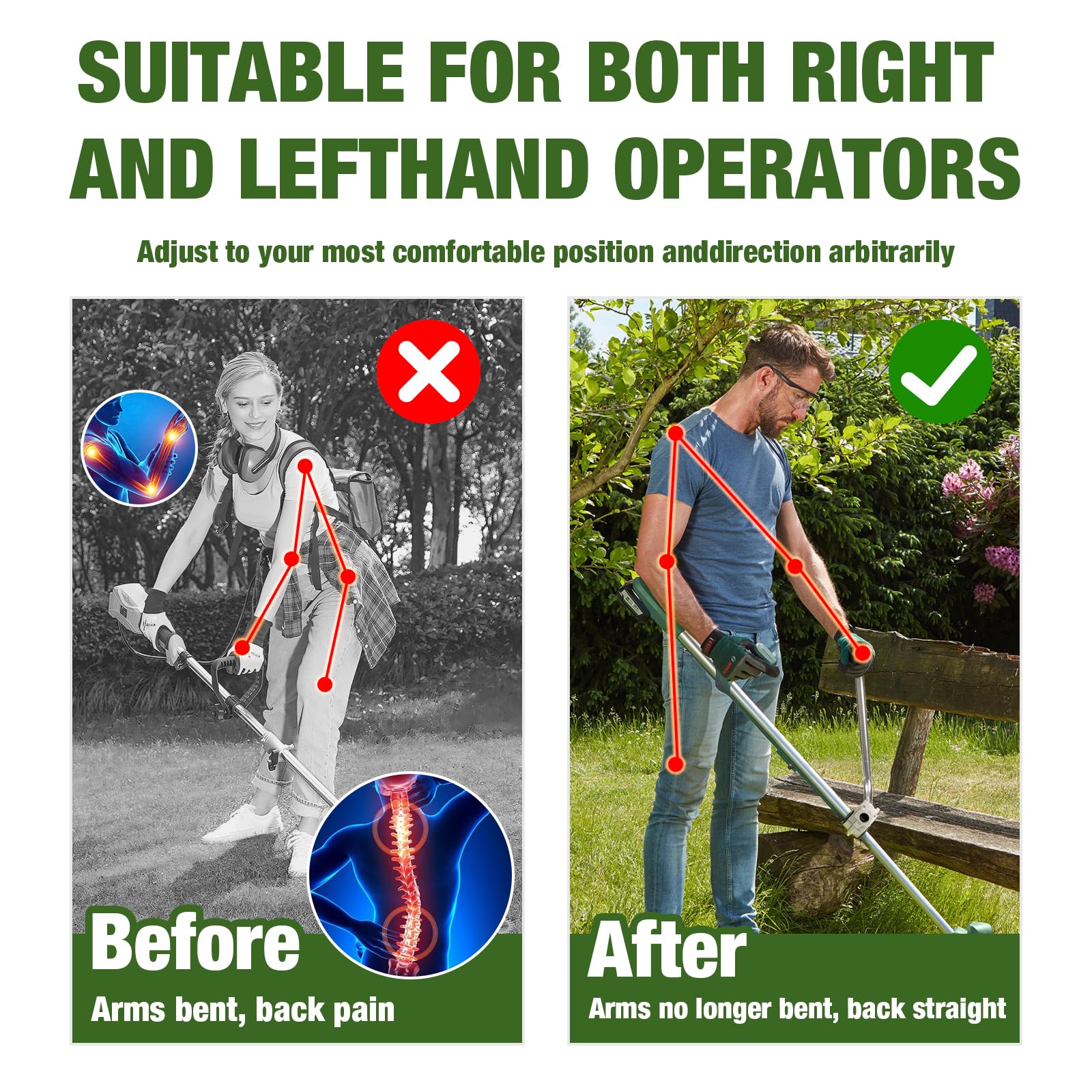 QUFA ergonomic weedeater handle extension installed on trimmer shaft for quick setup and sturdy grip.