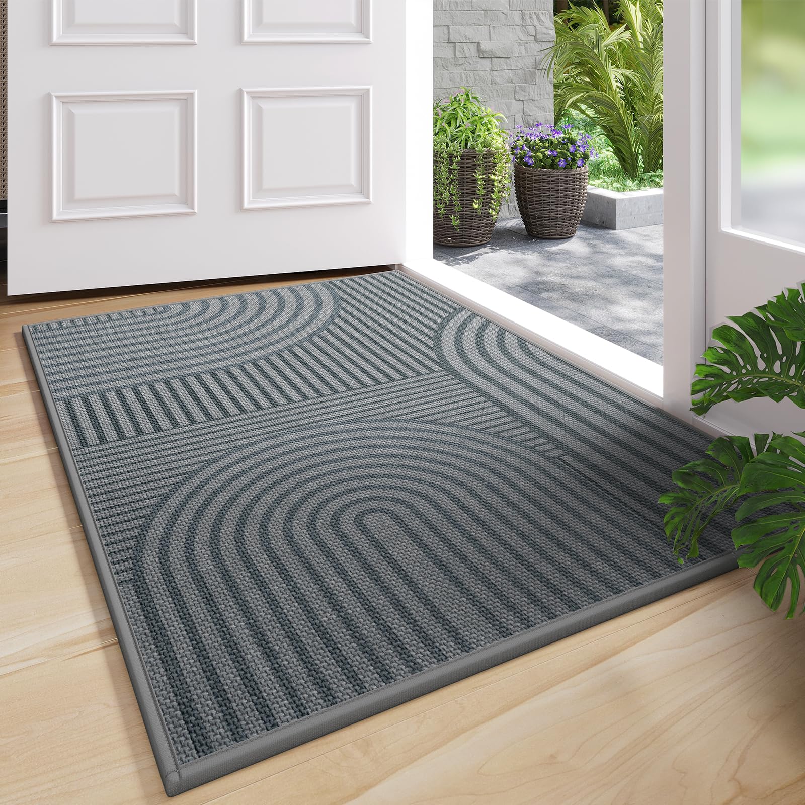 QiCaiJia front door mat 24x35 in grey absorbs moisture to keep entry dry.