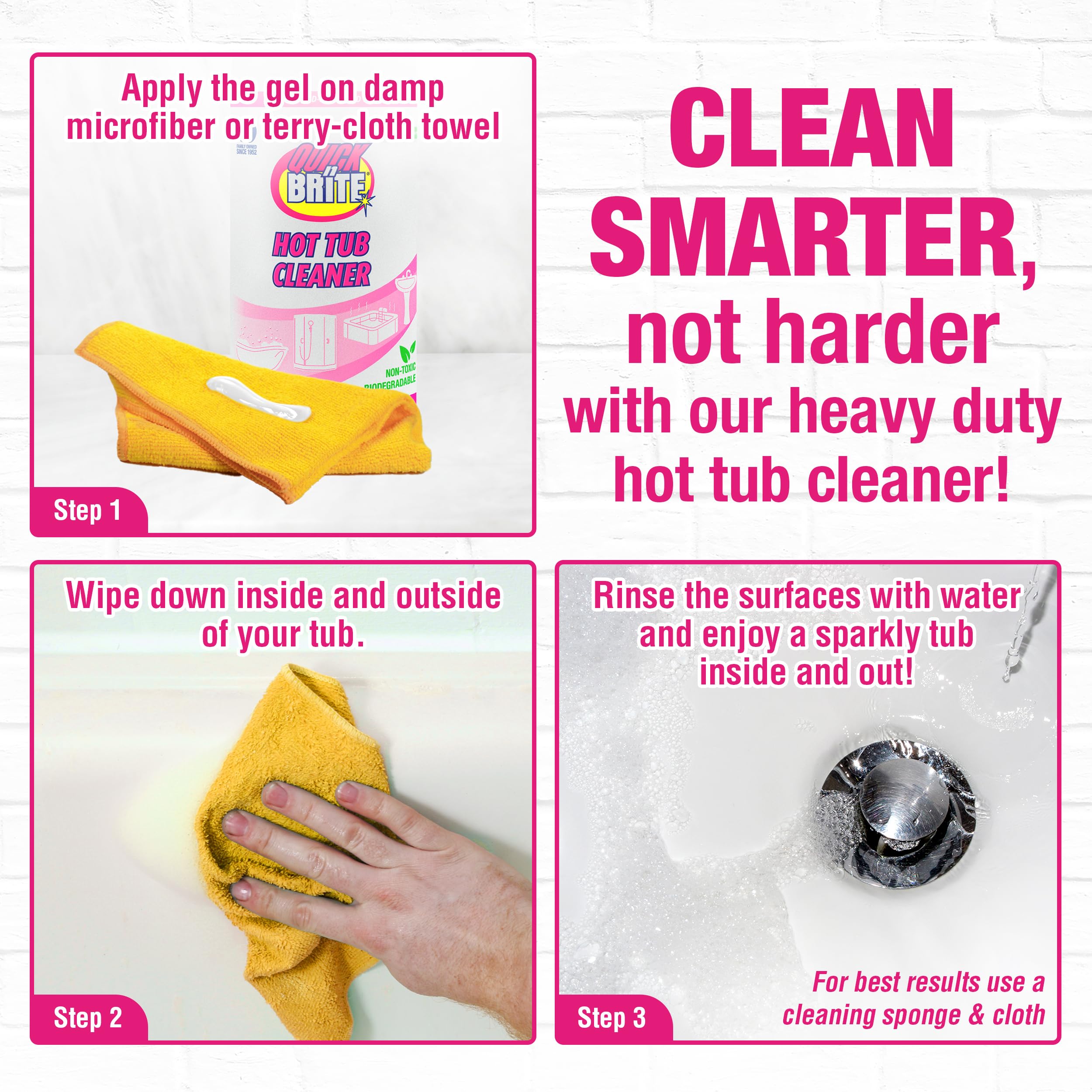 Quick N Brite 32 oz bottle shown for long-lasting spa care.
