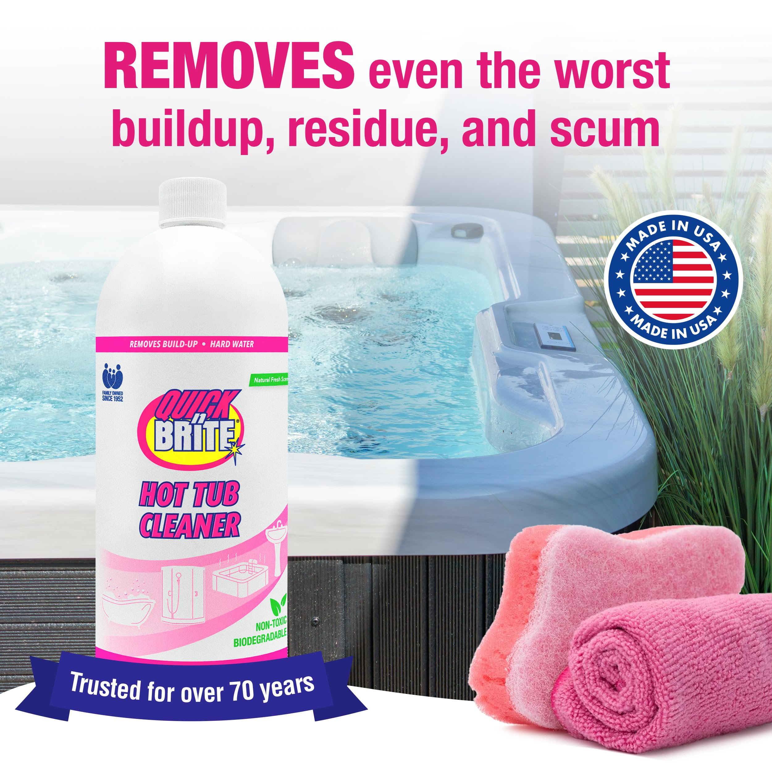 Quick N Brite hot tub cleaner kit with sponge and cloth for easy cleaning.