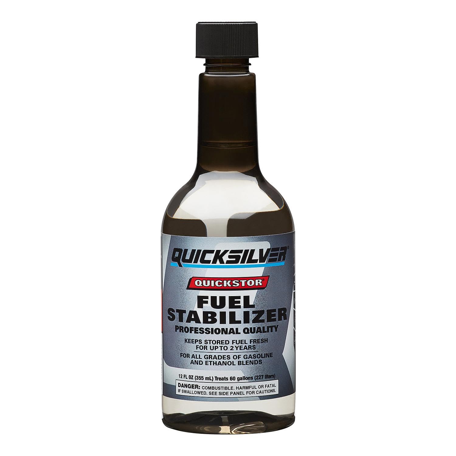 Quicksilver Quickstor bottle stabilizes fuel for long-term storage and engine protection.