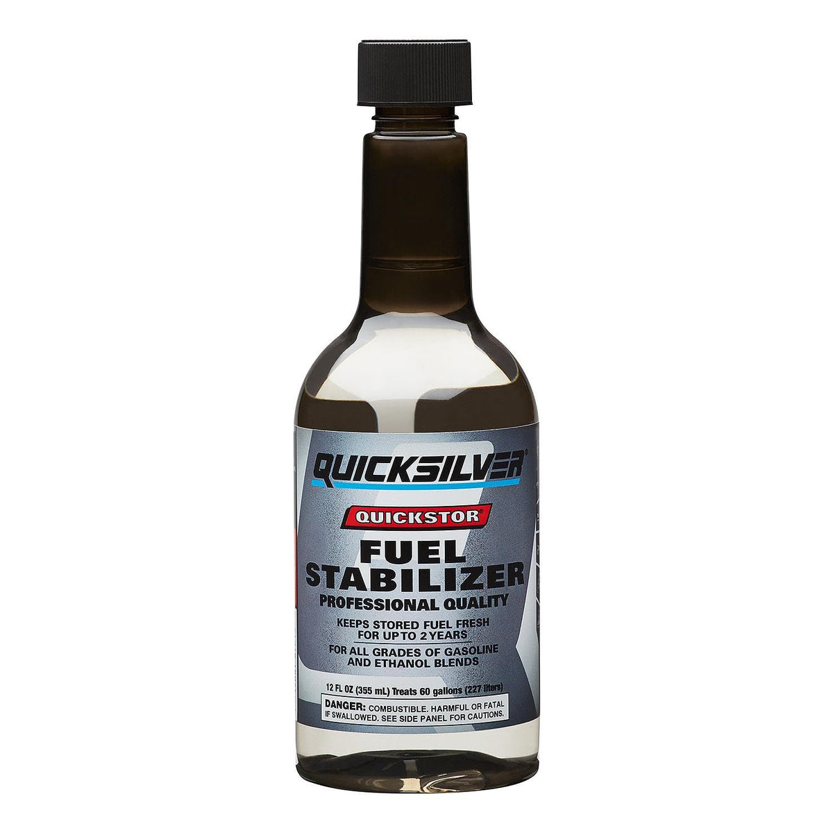 Quicksilver Quickstor bottle stabilizes fuel for long-term storage and engine protection.