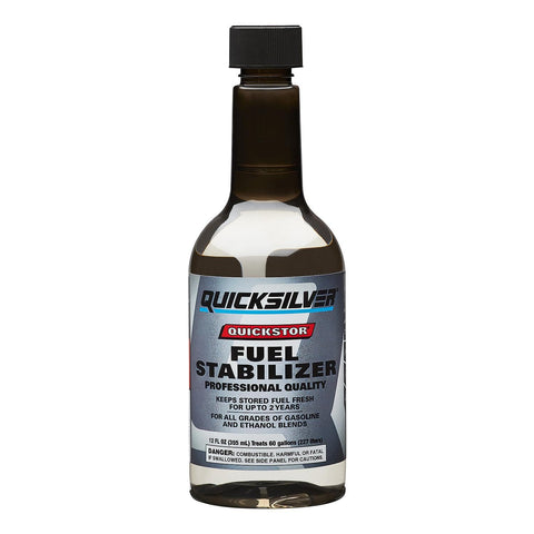 Quicksilver Quickstor bottle stabilizes fuel for long-term storage and engine protection.